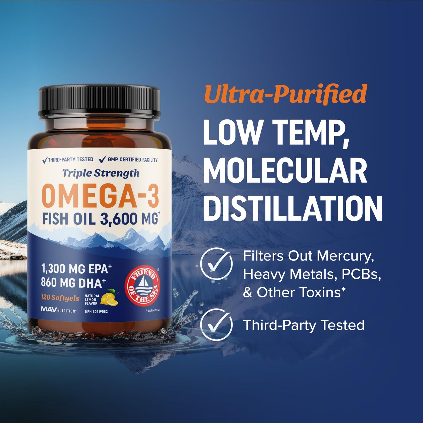 Triple Strength Omega 3 Fish Oil | 120 Softgels | 3600 mg Fish Oil | Over 2100mg of Omega-3 Fatty Acids | Heart and Cognitive Support | 1300mg EPA + 860mg DHA | Wild Caught & Burpless | 120 Ct