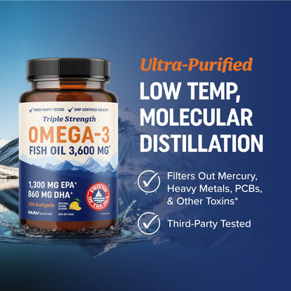 Triple Strength Omega 3 Fish Oil | 120 Softgels | 3600 mg Fish Oil | Over 2100mg of Omega-3 Fatty Acids | Heart and Cognitive Support | 1300mg EPA + 860mg DHA | Wild Caught & Burpless | 120 Ct