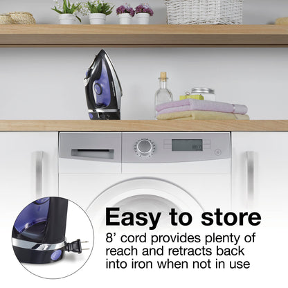 Hamilton Beach Steam Iron for Clothes, Retractable Cord Iron, Stainless Steel Soleplate, 1200W, Vertical Steam, Spray & Steam Boost, Black, 14214J