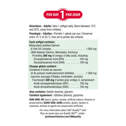 Jamieson Salmon and Fish Oil 1,000 mg Softgels, Bonus Size, Supports Heart and Brain Health. With Wild Salmon, EPA and DHA, Non-GMO, Gluten-Free, 200 Count, Proudly Canadian - Available at All In One Marketplace Canada