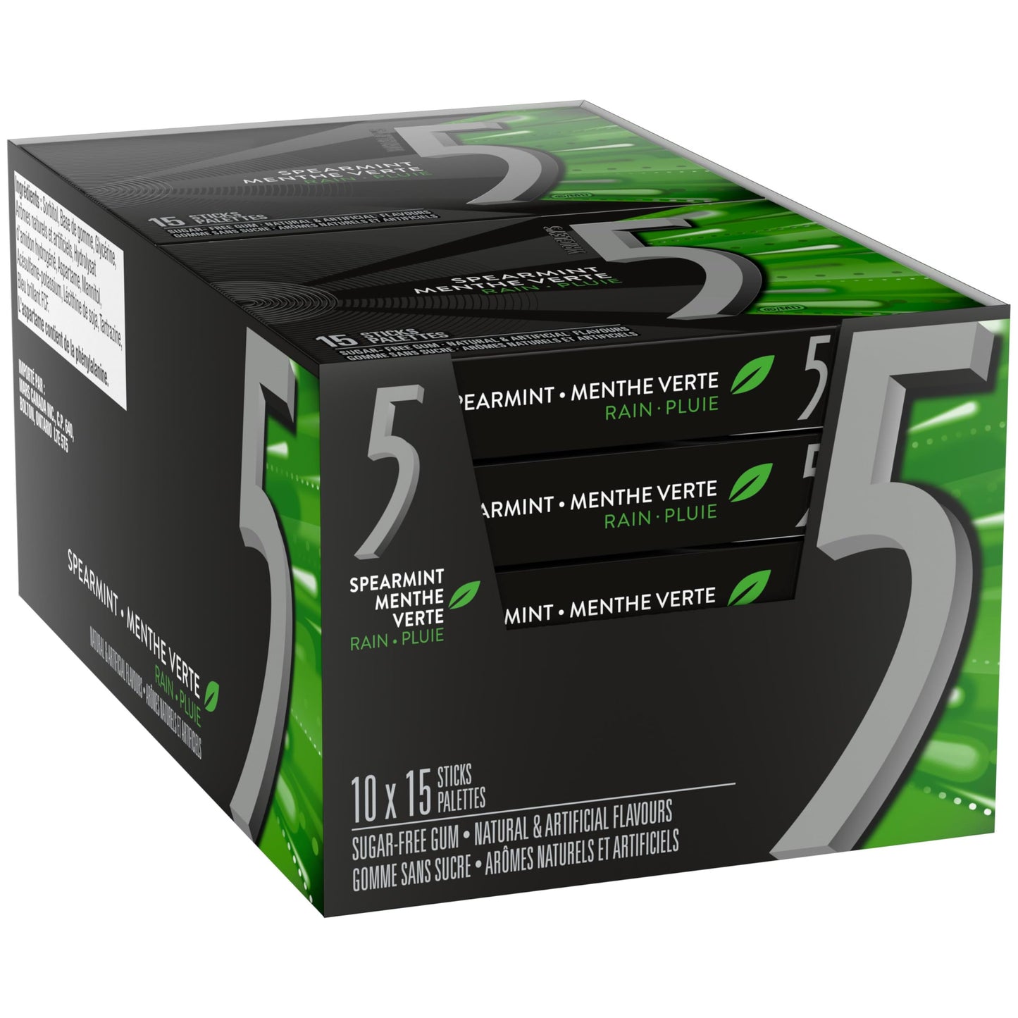 5 GUM, Spearmint-Rain Flavoured Sugar Free Chewing Gum, 15 Sticks, 10 Packs - Available at All In One Marketplace Canada