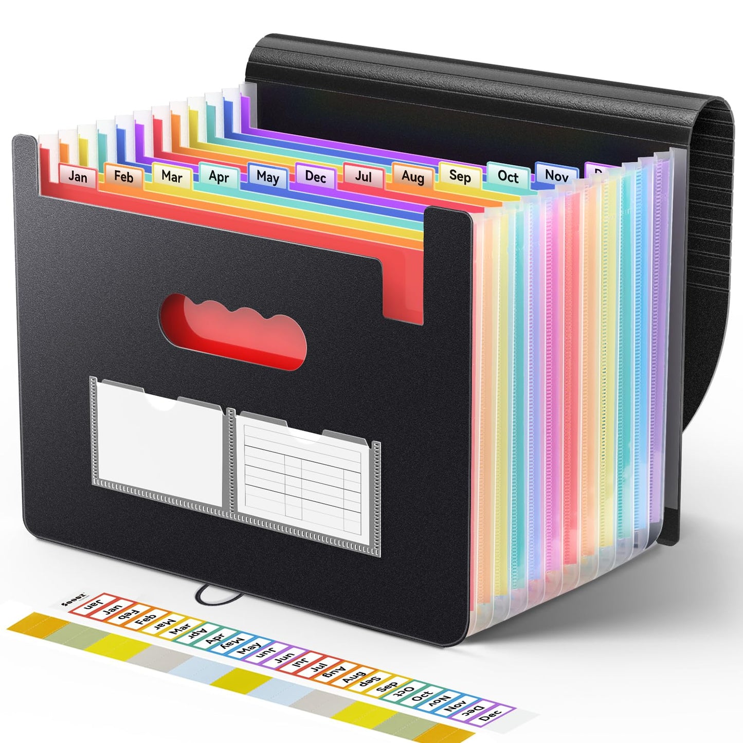 Sooez Accordion File Organizer, 13 Pockets Expanding File Folders, Portable Monthly Paper Bill Tax Receipt Organizer, Letter A4 Size Document Holder with Blank Labels, Black