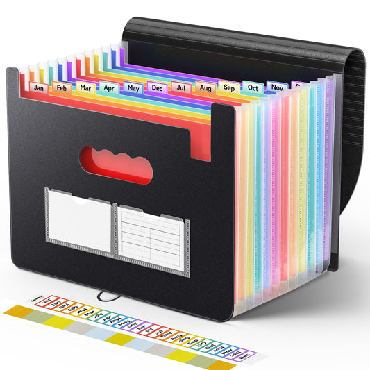Sooez Accordion File Organizer, 13 Pockets Expanding File Folders, Portable Monthly Paper Bill Tax Receipt Organizer, Letter A4 Size Document Holder with Blank Labels, Black