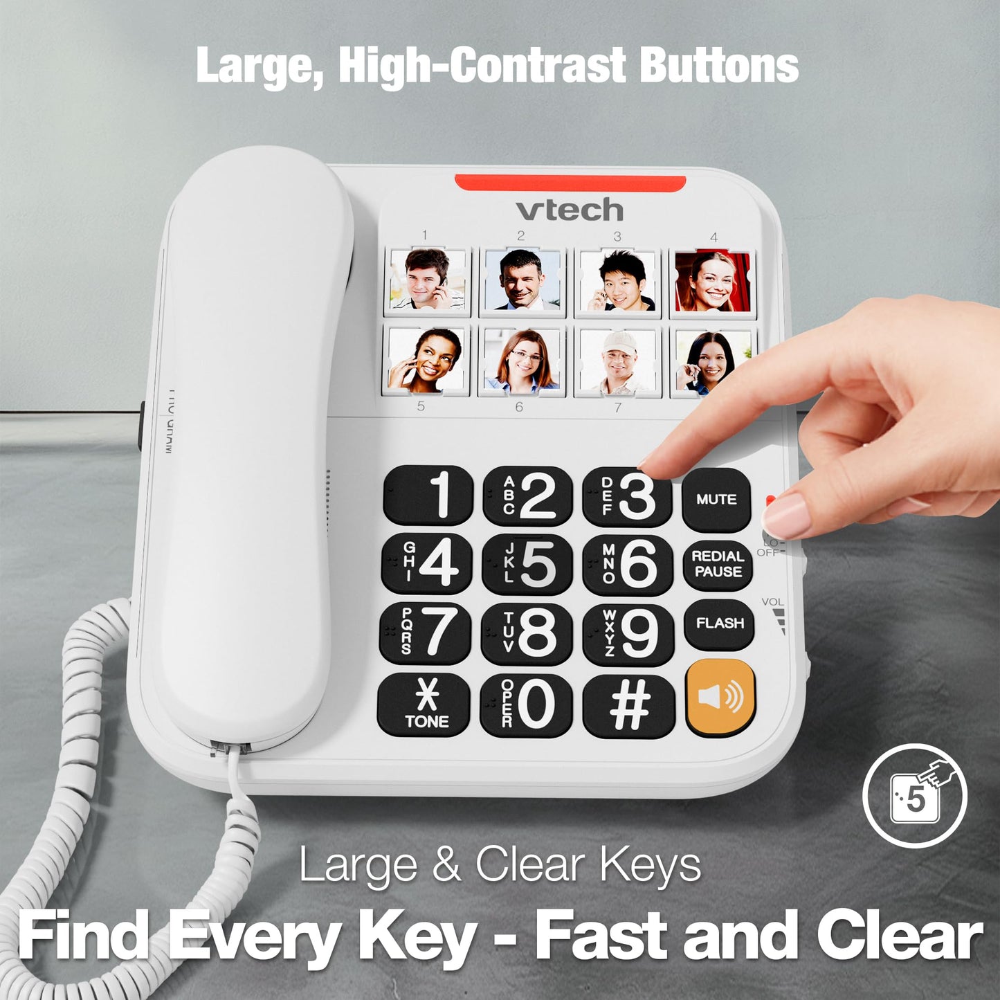 VTech Corded Phone with Oversized High-Contrast Buttons, 8 Photo Speed Dial, Large Buttons, Talking Digits for Seniors, Visual Ringer, Full-Duplex, Earpiece and Speakerphone Volume Control | SN1117 VTech