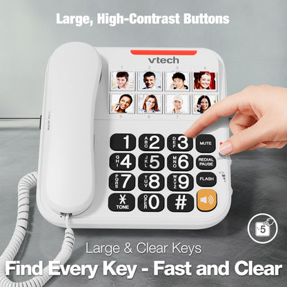 VTech Corded Phone with Oversized High-Contrast Buttons, 8 Photo Speed Dial, Large Buttons, Talking Digits for Seniors, Visual Ringer, Full-Duplex, Earpiece and Speakerphone Volume Control | SN1117 VTech