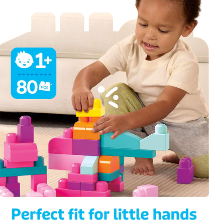 MEGA BLOKS First Builders Toddler Blocks Toys Set, Big Building Bag Collection with 80 Pieces and Storage, Pink, Ages 1+ Years