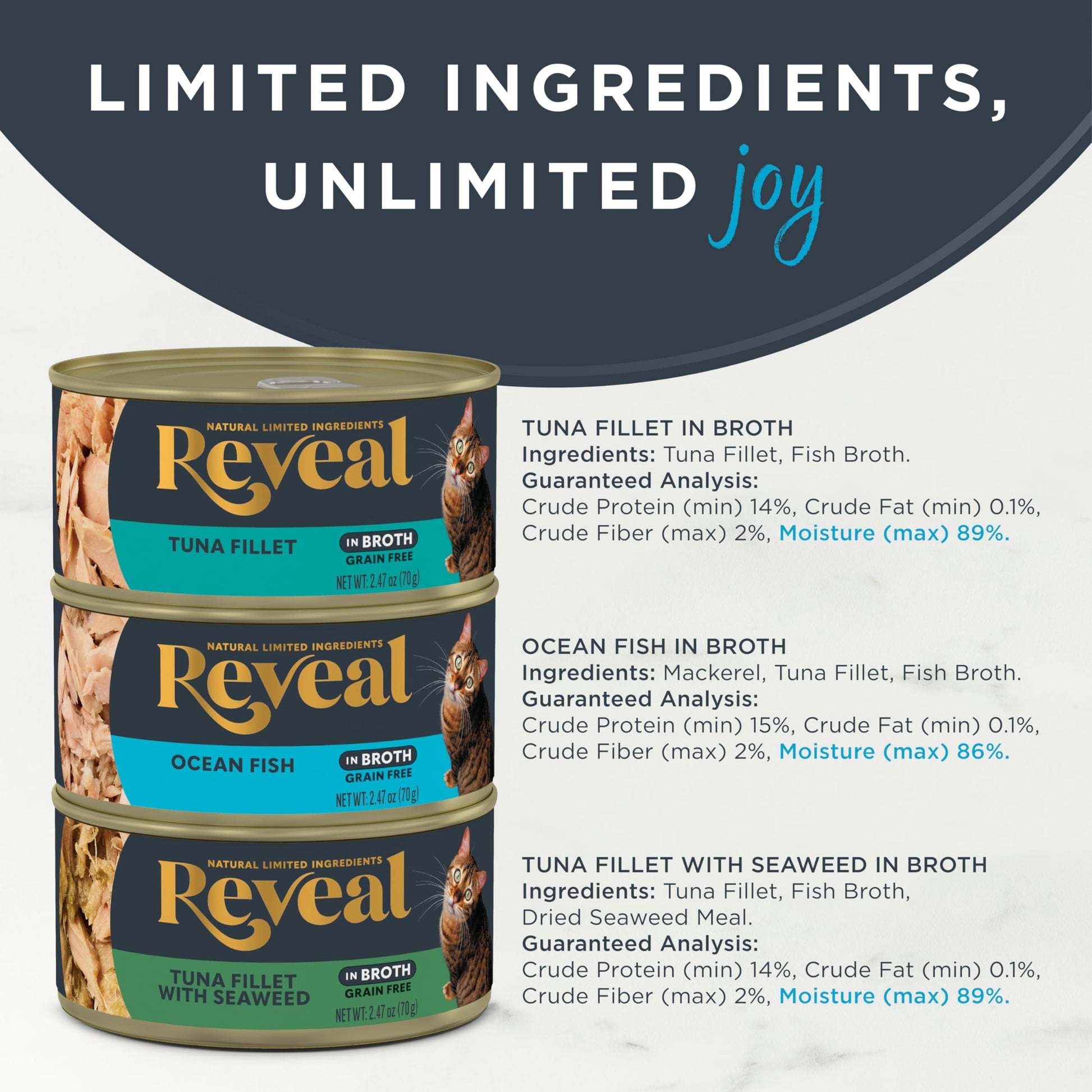 Reveal Natural Wet Cat Food in Broth, Limited Ingredient Grain Free Canned Cat Food, Protein with No Artificial Additives, Fish Variety in Broth (12 x 2.47 oz Cans) Reveal