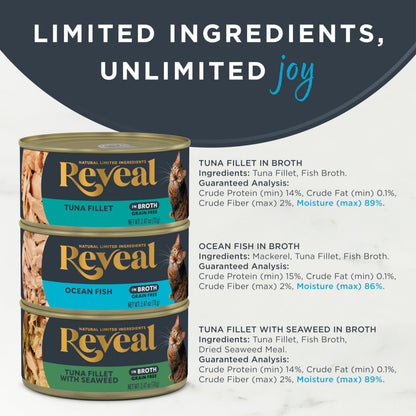 Reveal Natural Wet Cat Food in Broth, Limited Ingredient Grain Free Canned Cat Food, Protein with No Artificial Additives, Fish Variety in Broth (12 x 2.47 oz Cans) Reveal