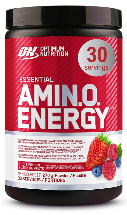 Optimum Nutrition Amino Energy Powder: Pre- workout & Anytime energy with Green tea, Green coffee extract + BCAA's - Fruit fusion: 30 servings [270g] (packaging may vary) Optimum Nutrition