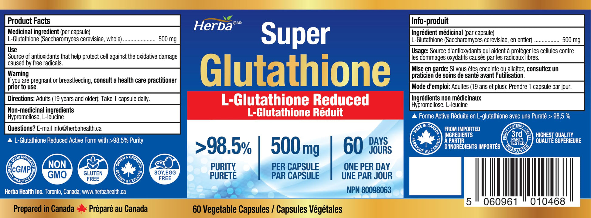 Herba Glutathione Supplement 500mg - 60 Vegetable Capsules | L Glutathione Reduced Active Form | Super Glutathione 500mg Capsule for Antioxidants | >98.5% Purity | Made in Canada - Available at All In One Marketplace Canada