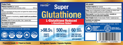 Herba Glutathione Supplement 500mg - 60 Vegetable Capsules | L Glutathione Reduced Active Form | Super Glutathione 500mg Capsule for Antioxidants | >98.5% Purity | Made in Canada - Available at All In One Marketplace Canada