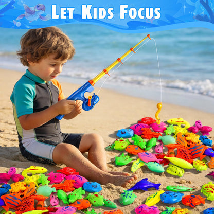 CozyBomB Magnetic Fishing Pool Toys Game for Kids - Water Table Bath-tub Kiddie Party Toy with Pole Rod Net Plastic Floating Fish Toddler Color Ocean Sea Animals Birthday Gift Age 3 4 5 6 Year Old