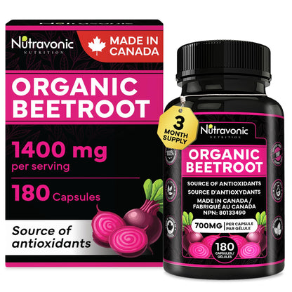 *BONUS SIZE* 180 Capsules of High Potency Organic Beetroot Capsules | 1,400mg per serving (700mg per capsule x2) Canadian Made Beet Root Powder | Antioxidant Support | Support Active Energy Lifestyle | A Natural Super Food | Quality Assured - Available at All In One Marketplace Canada