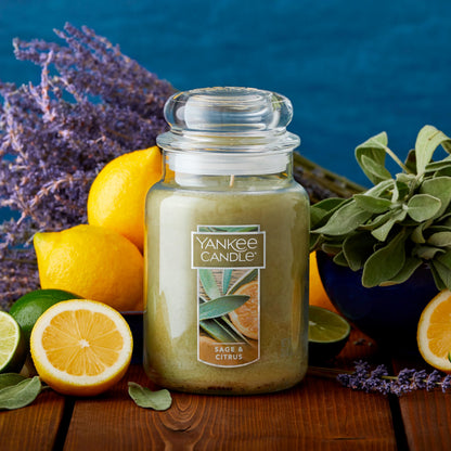 Yankee Candle Scented Candle, Sage & Citrus, Original Large Jar Candle, 110-150 Hours of Burn Time, 22 oz.