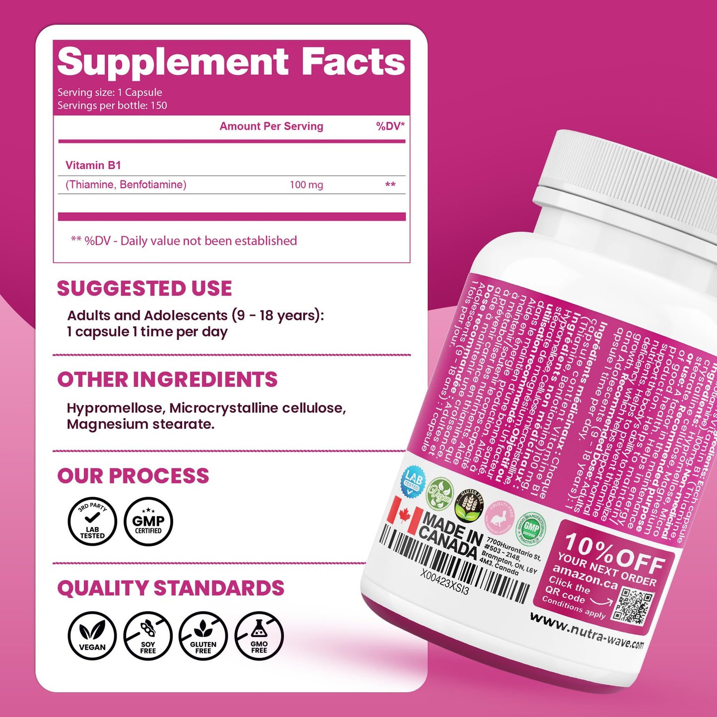Nutrawave PURE *BONUS SIZE* 150 capsules HIGHEST POTENCY Benfotiamine Complex – 100mg, Thiamine B1 Supplement, Increased Energy, Nerve Support, All-Natural, Vegan, Gluten Free. 5-month supply - Available at All In One Marketplace Canada