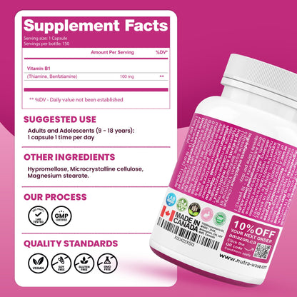 Nutrawave PURE *BONUS SIZE* 150 capsules HIGHEST POTENCY Benfotiamine Complex – 100mg, Thiamine B1 Supplement, Increased Energy, Nerve Support, All-Natural, Vegan, Gluten Free. 5-month supply - Available at All In One Marketplace Canada