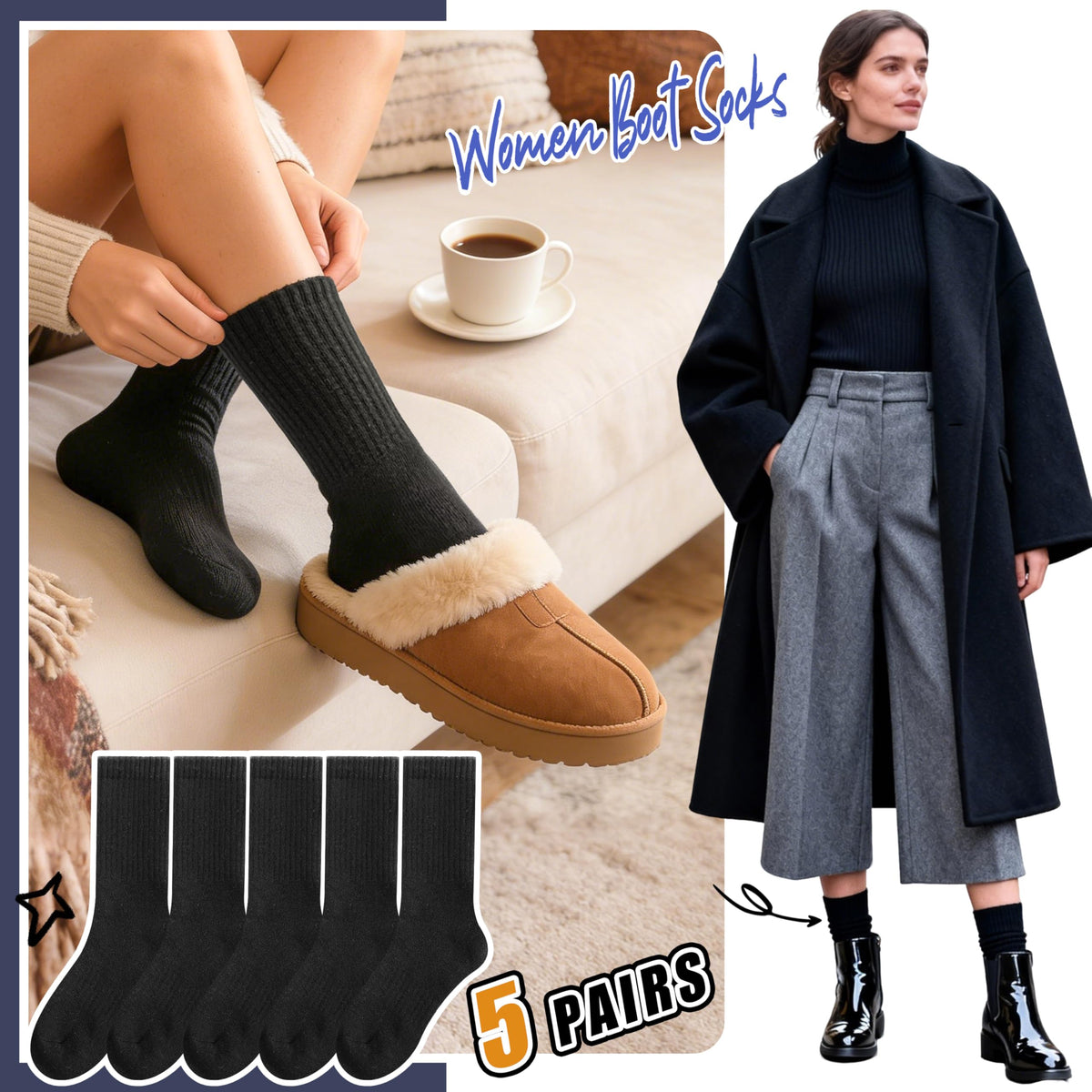 Merino Wool Socks for Womens Thermal Winter Hiking Thick Warm Crew Cozy Comfy Work Gifts Stocking Stuffers for Womens Socks 5 Pairs (Plain Black) 🍁 All In One Marketplace Canada