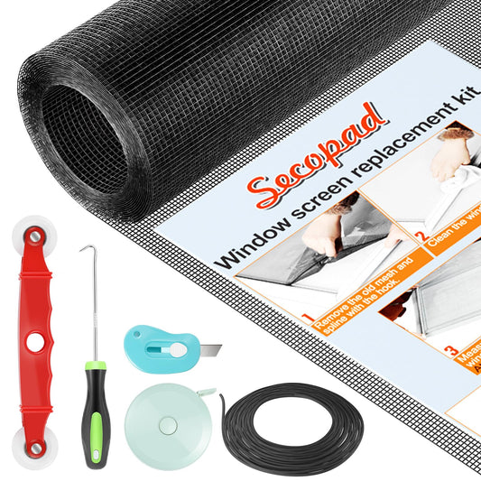 Secopad Window Screens Replacement Repair Kit, 39" x 78" Screen Door Mesh Replacement Kit, Durable Fiberglass Mesh Screen Roll with Tools for Windows Doors Patio and Porch Screens, Black