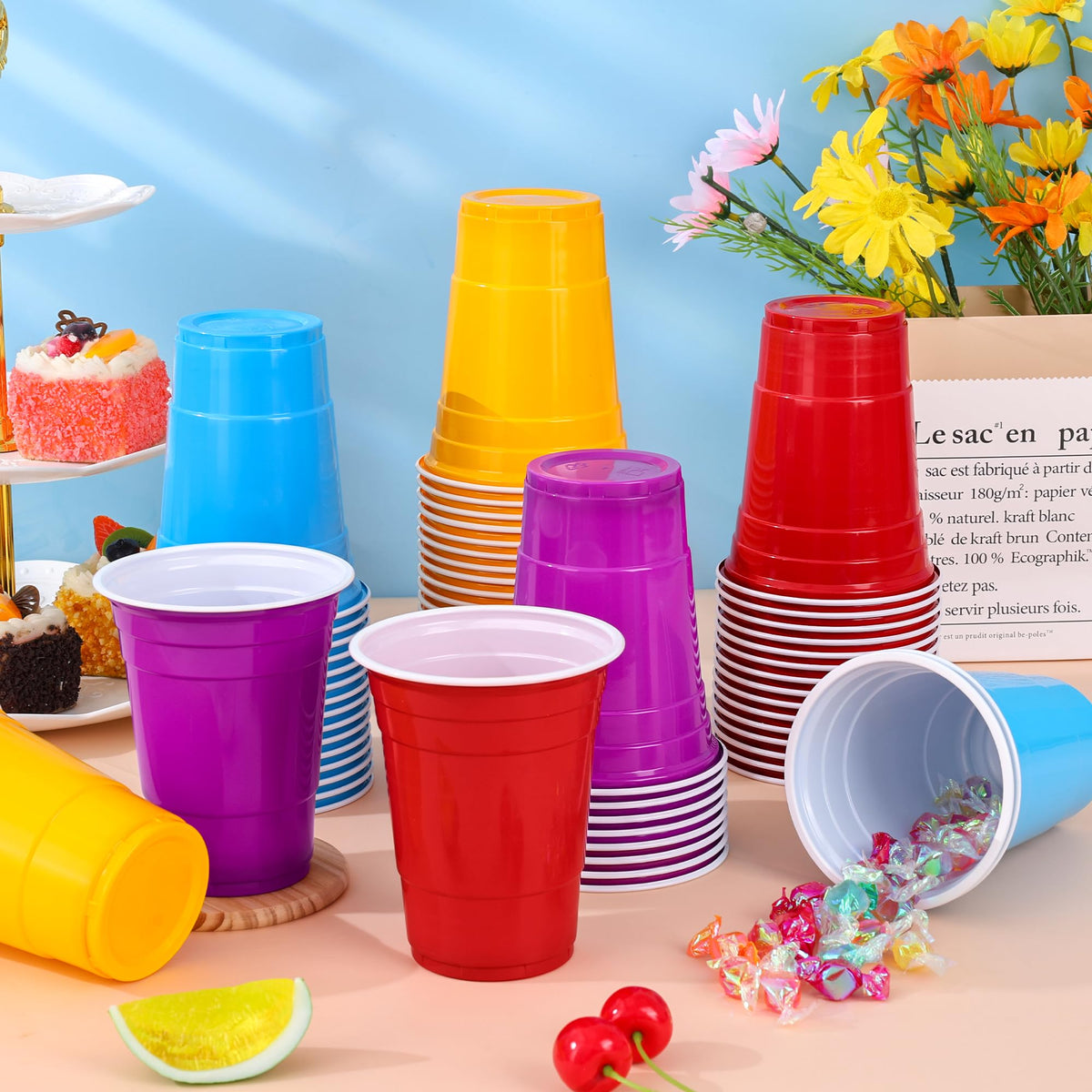 100 Pcs 16 Oz Disposable Plastic Cups, 4Color Party Drinking Cup for Picnic 🍁 All In One Marketplace Canada