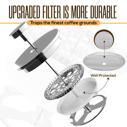 KICHLY 34 OZ French Press, Stainless Steel Double Walled Insulated Coffee Press with Refined Filters, Espresso and Tea Maker - Silver - Available at All In One Marketplace Canada