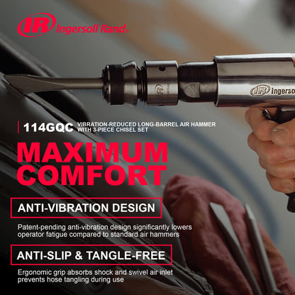 Ingersoll Rand 114GQC Air Hammer with 3-Piece Set, Tapered Punch, Panel Cutter, Flat Chisel, 2-5/8" Stroke, 3500 BPM, Plastic Handle, Gray