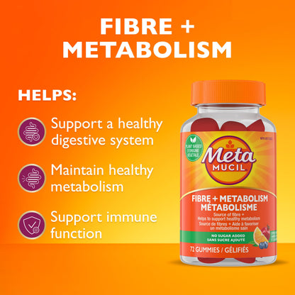 Metamucil, Fibre + Metabolism Gummy Supplement for Digestive Health, Plant Based, No Sugar Added, Citrus Berry Flavored, 72 Gummies