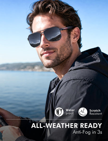 LUENX Aviator Sunglasses for Men Square Polarized Polygon Black Lens Matte Black Frame - UV 400 Protection with Accessories Driving