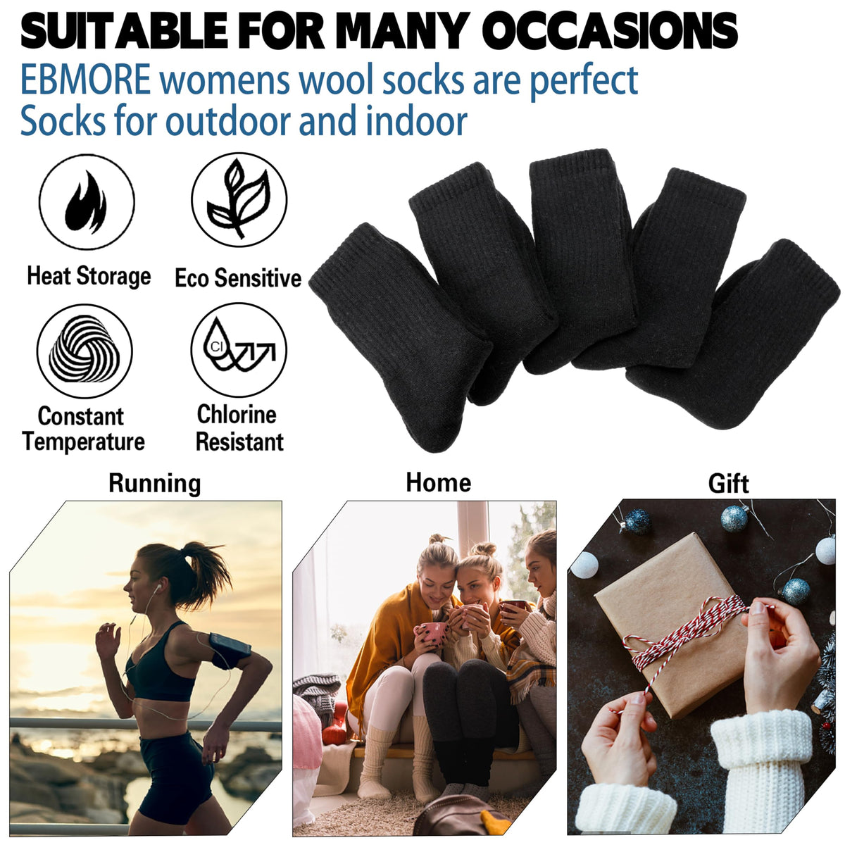 EBMORE Merino Wool Socks for Women Hiking Thermal Winter Warm Thick Boot Cozy Crew Comfy Work Socks Stocking Stuffers Gift for Women Mom 5 Pairs (Black Series) 🍁 All In One Marketplace Canada