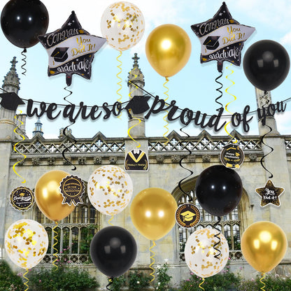 Graduation Decorations 2026, grad 2026 decorations with We Are So Proud of You Banner, Graduation Balloons, Congratulations Hanging Swirls for class of 2025 decorations - Available at All In One Marketplace Canada