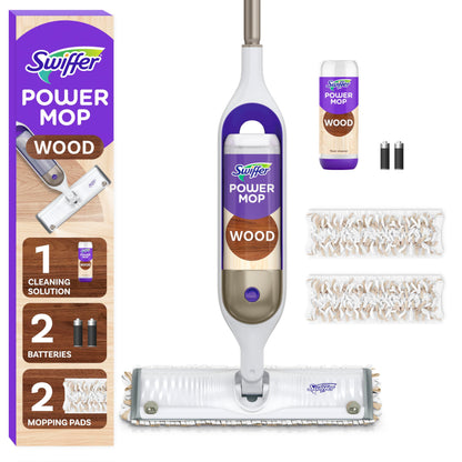 Swiffer Power Mop Wood, Hardwood Floor Cleaner for Mopping Home, All Purpose Multi-Surface Cleaning Set Includes PowerMop Wood, 2 Pads, 1 Quickdry Lemon Solution, & 2 Batteries, 5 Count Swiffer