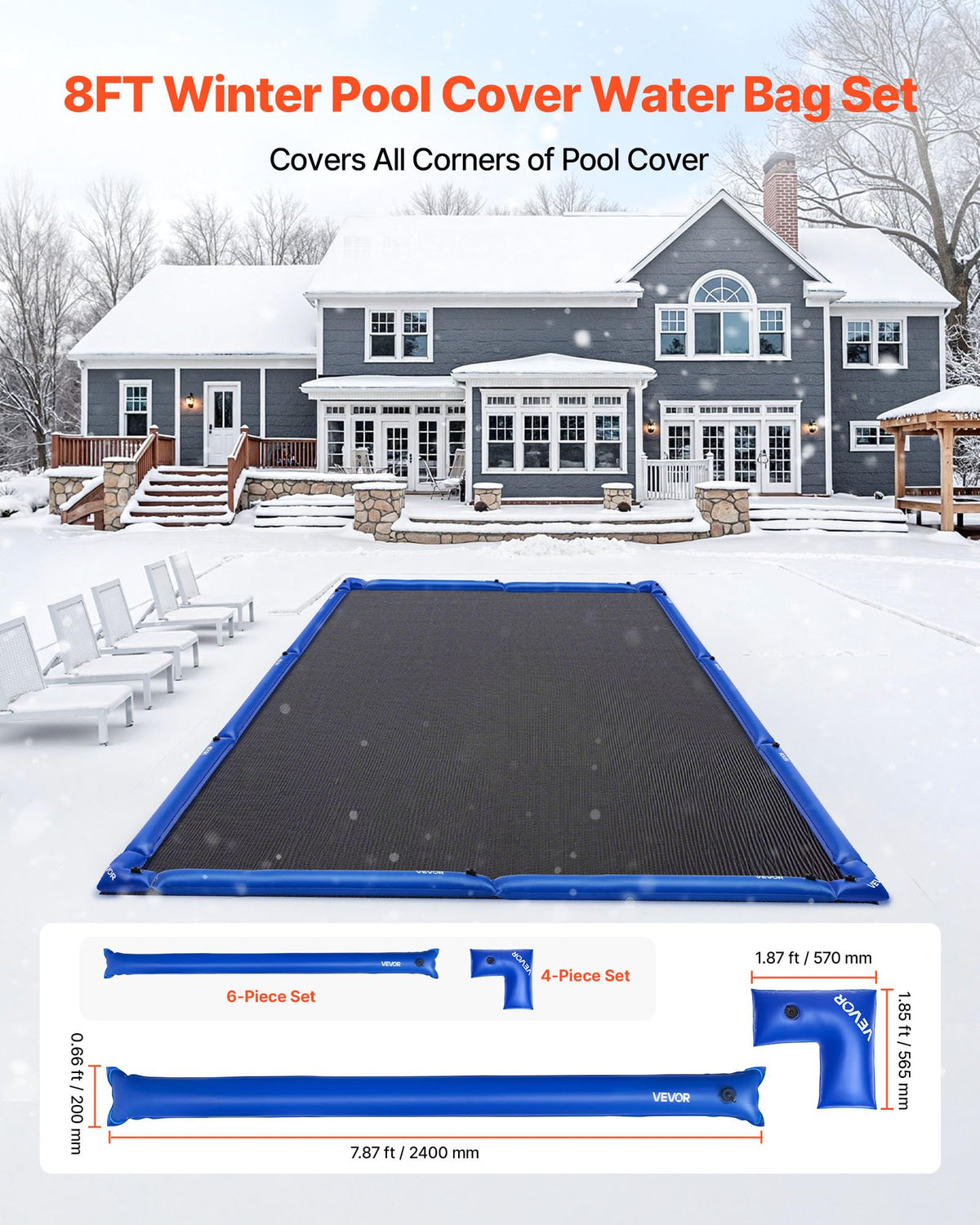 VEVOR Pool Cover Water Bags Set, 6 Packs 8 Ft Single Chamber Pool Cover Water Bags & 4 Corner Tubes, 0.4mm Thick PVC Bag Weights with Leakproof Valve, for Winter Inground Swimming-Pool Covers 🍁 All In One Marketplace Canada