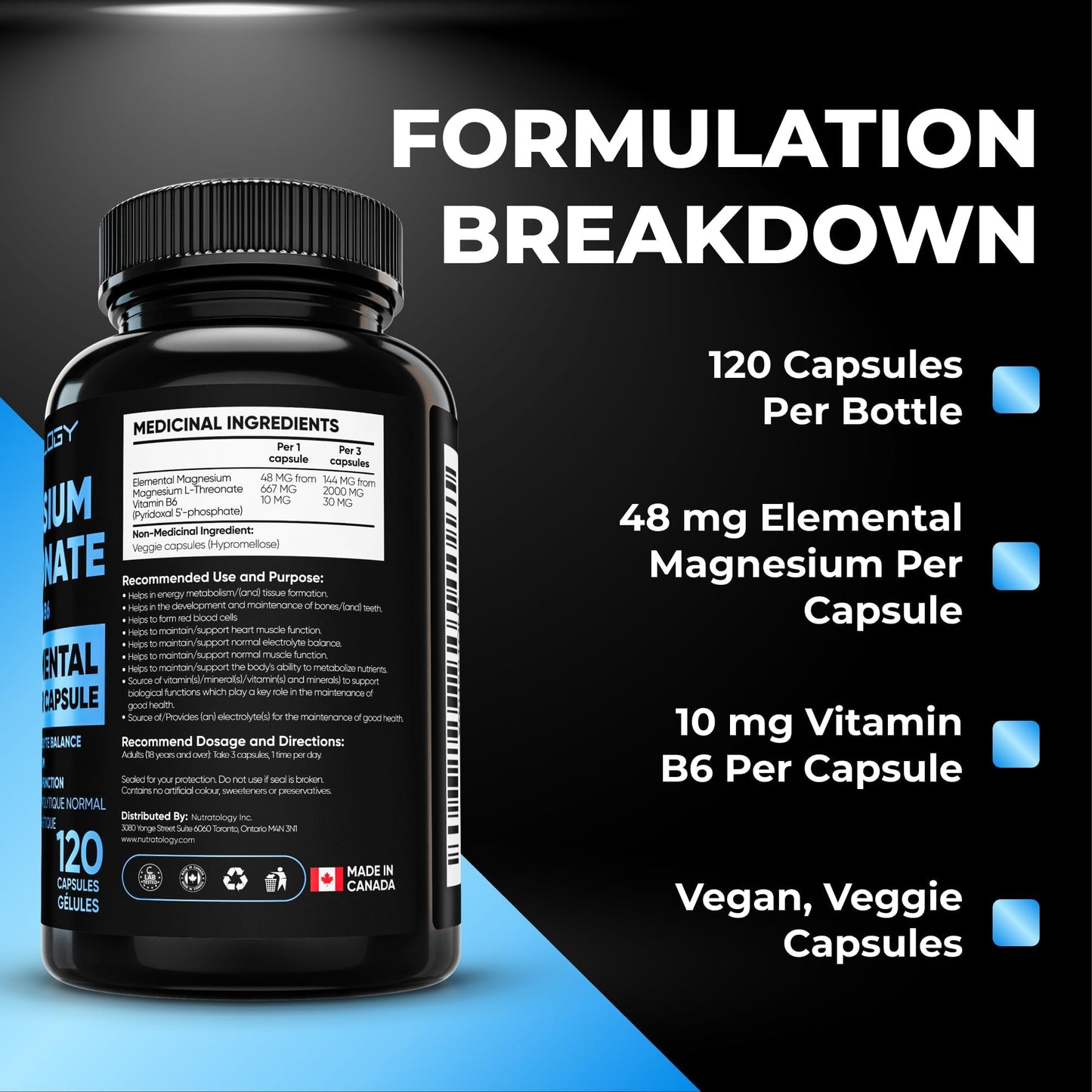 Nutratology® Magnesium L-Threonate + Vitamin B6 | Canadian-Made | Formulated To Help Support Heart & Muscle Function - Balances Electrolytes, Supports Energy Metabolism & Tissue Formation - 120 Count - Available at All In One Marketplace Canada