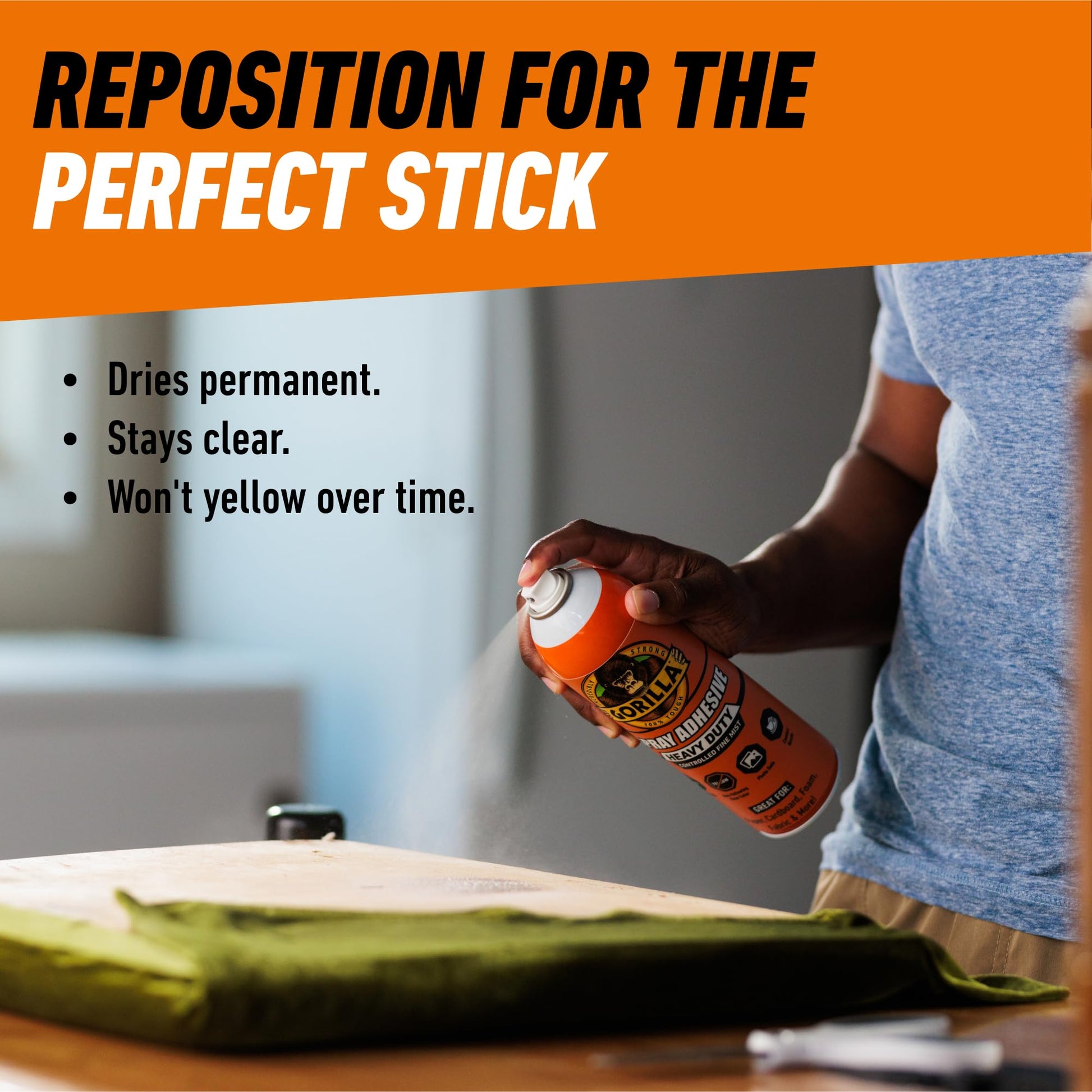 Gorilla Spray Adhesive, Heavy Duty, Multi-Purpose, Dries Permanent, Indoor & Outdoor, Wide Pad Nozzle, Controlled Spray, Clear, 14oz/396g, (Pack of 1)