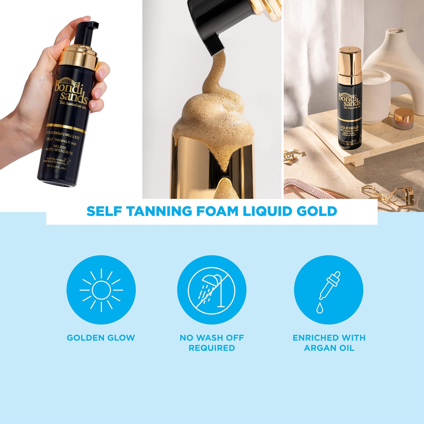 Mousse Autobronzante Liquide Dorée Bondi Sands | Sans Rinçage | Mousse Légère + Séchage Rapide Enrichie en Huile d'Argan, Procure un Bronzage Hydraté et Sans Traces | 150mL