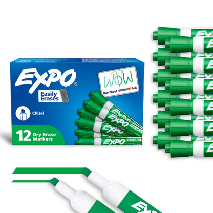 EXPO Dry Erase Markers, Low Odour Ink, Green, Chisel Tip, 12 Count