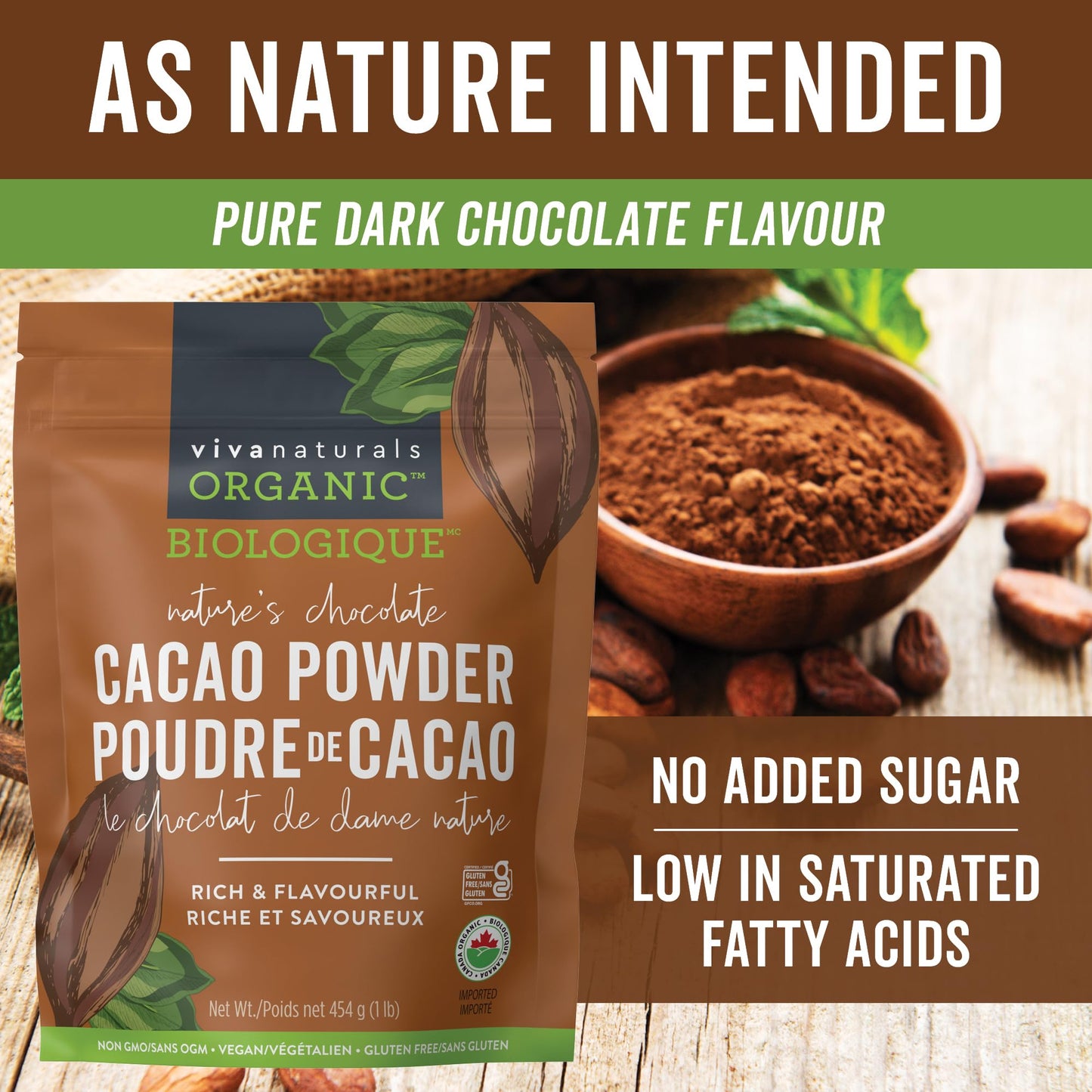 Viva Naturals Organic Non-GMO Cacao Powder, 1 Pound Bag