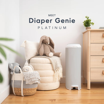 Diaper Genie Platinum Diaper Pail, Stone Grey - Made in Durable Stainless Steel and Includes 1 Easy Roll Refill with 18 Bags - Available at All In One Marketplace Canada