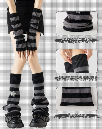 Yawlsow Leg Warmers for Women Y2k Knit Ruffle Leg Warmer Winter, Kawaii Cute Long Socks for Girls Goth Harajuku Accessories (Black Grey Star, One Size) 🍁 All In One Marketplace Canada