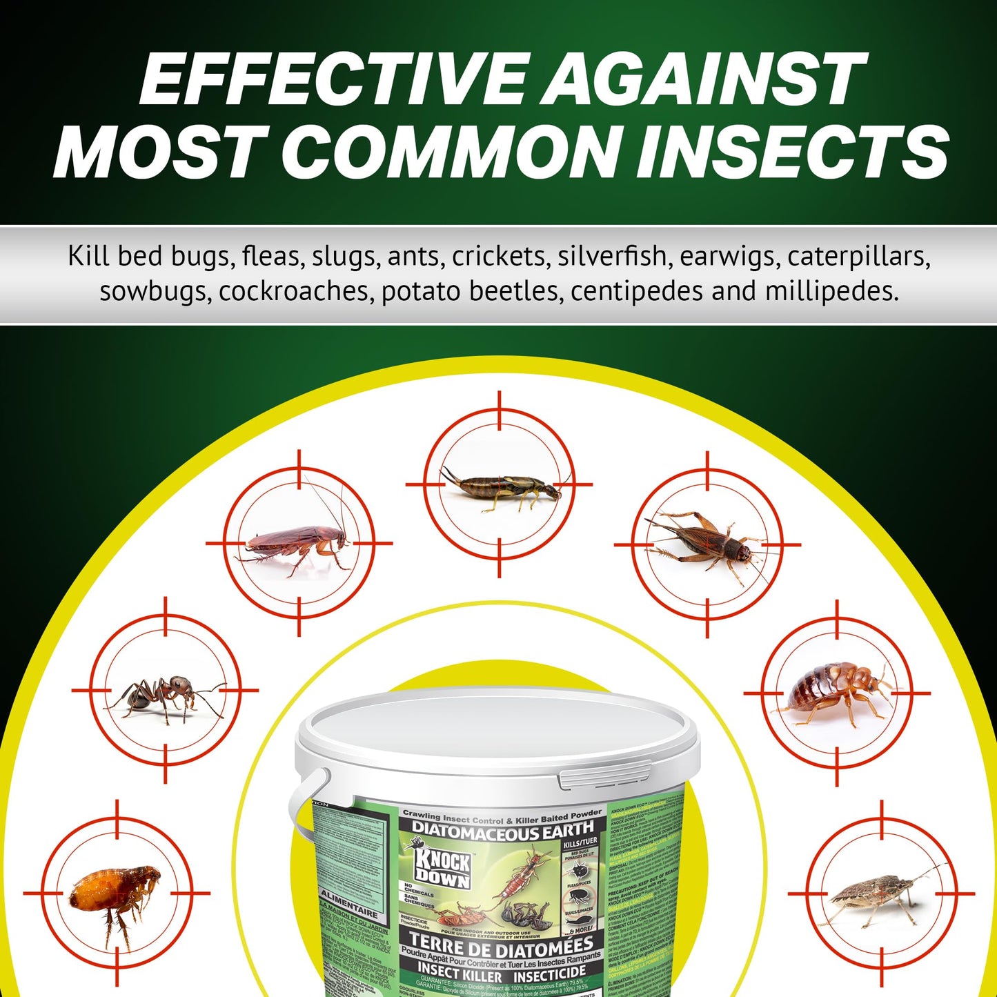 KNOCK DOWN - Diatomaceous Earth Insect Killer, Cockroach, Flea, Ant, Silverfish, Bed Bug Killer for Indoor and Outdoor Use, Food Grade Diatomaceous Earth Powder with Bait, 1kg Pail