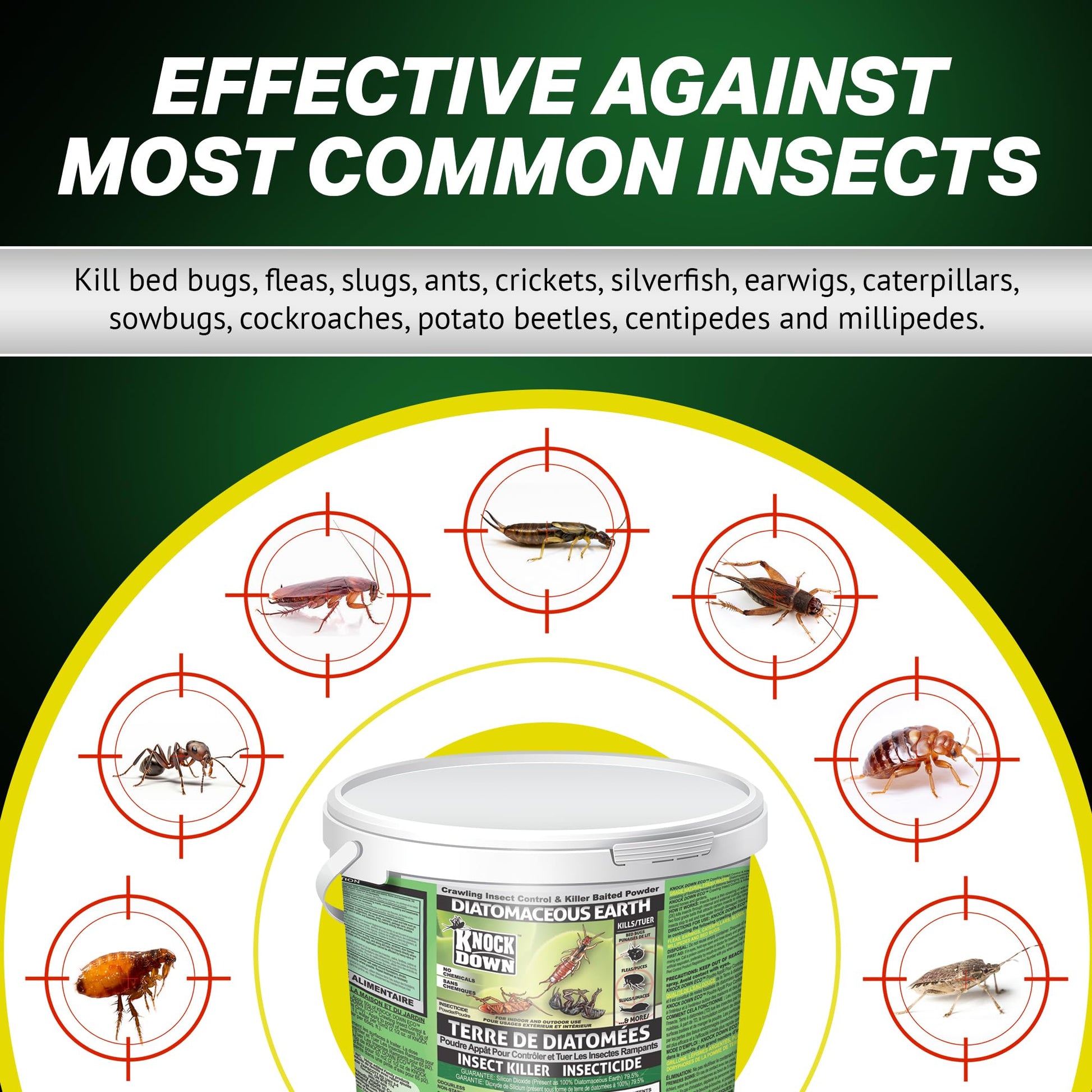 KNOCK DOWN - Diatomaceous Earth Insect Killer, Cockroach, Flea, Ant, Silverfish, Bed Bug Killer for Indoor and Outdoor Use, Food Grade Diatomaceous Earth Powder with Bait, 1kg Pail