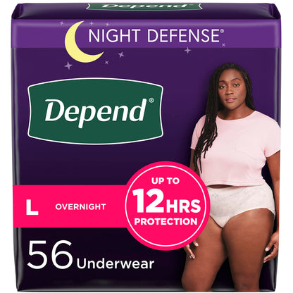 Depend Night Defense Adult Incontinence Underwear for Women, Disposable, Overnight, Large, Blush, 56 Count Depend