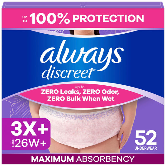 Always Discreet, couches pour adultes réimaginées pour femmes, culottes pour incontinence sévère et post-partum 3XL, paquet de 52