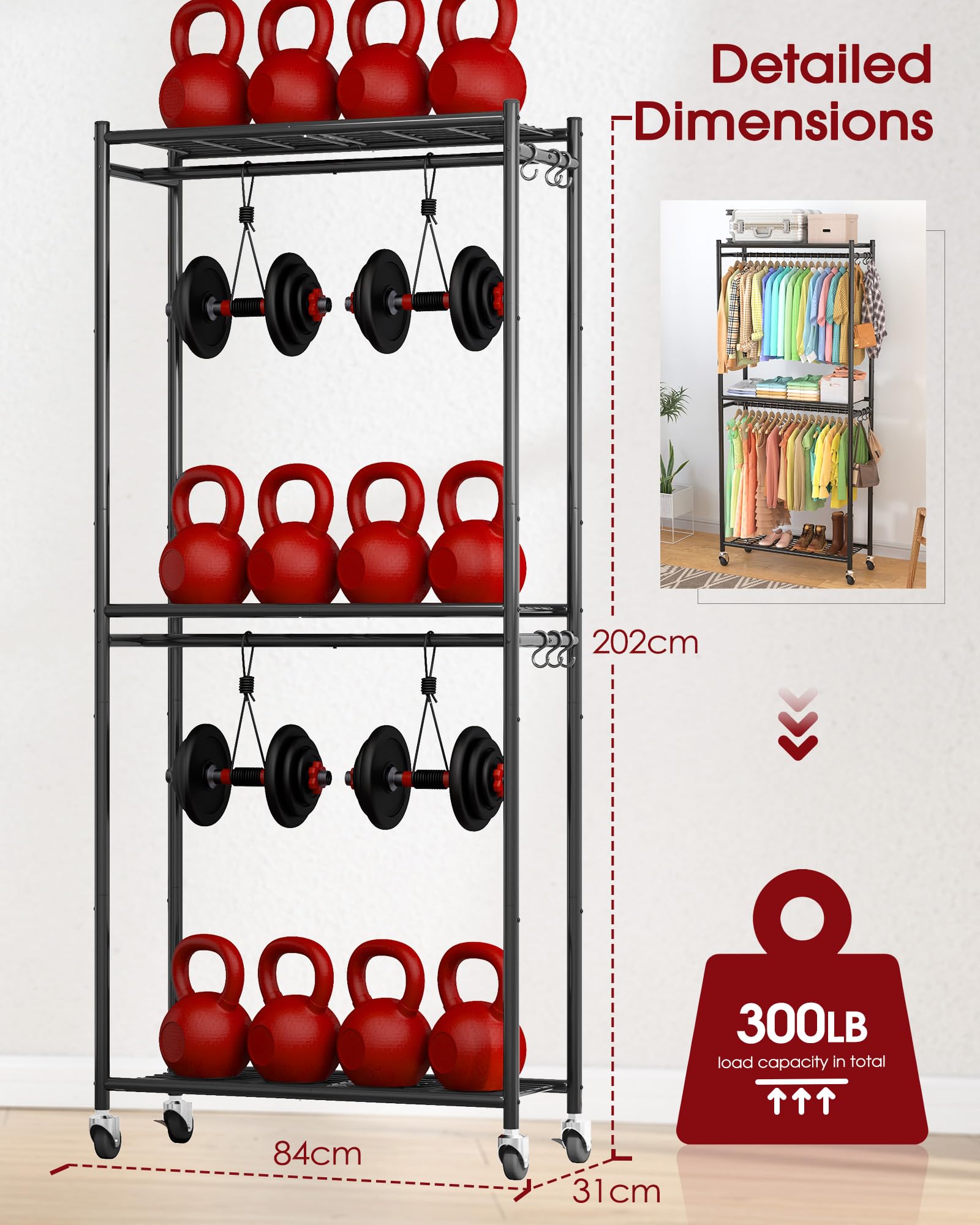 Sakugi Clothing Rack - Coat Rack with Shelves & Wheels, Multi-Functional Clothes Rack with Hooks, Sturdy Metal Garment Shelf for Bedroom, Laundry, Balcony, 84W × 31D × 202H cm, Black - Available at All In One Marketplace Canada