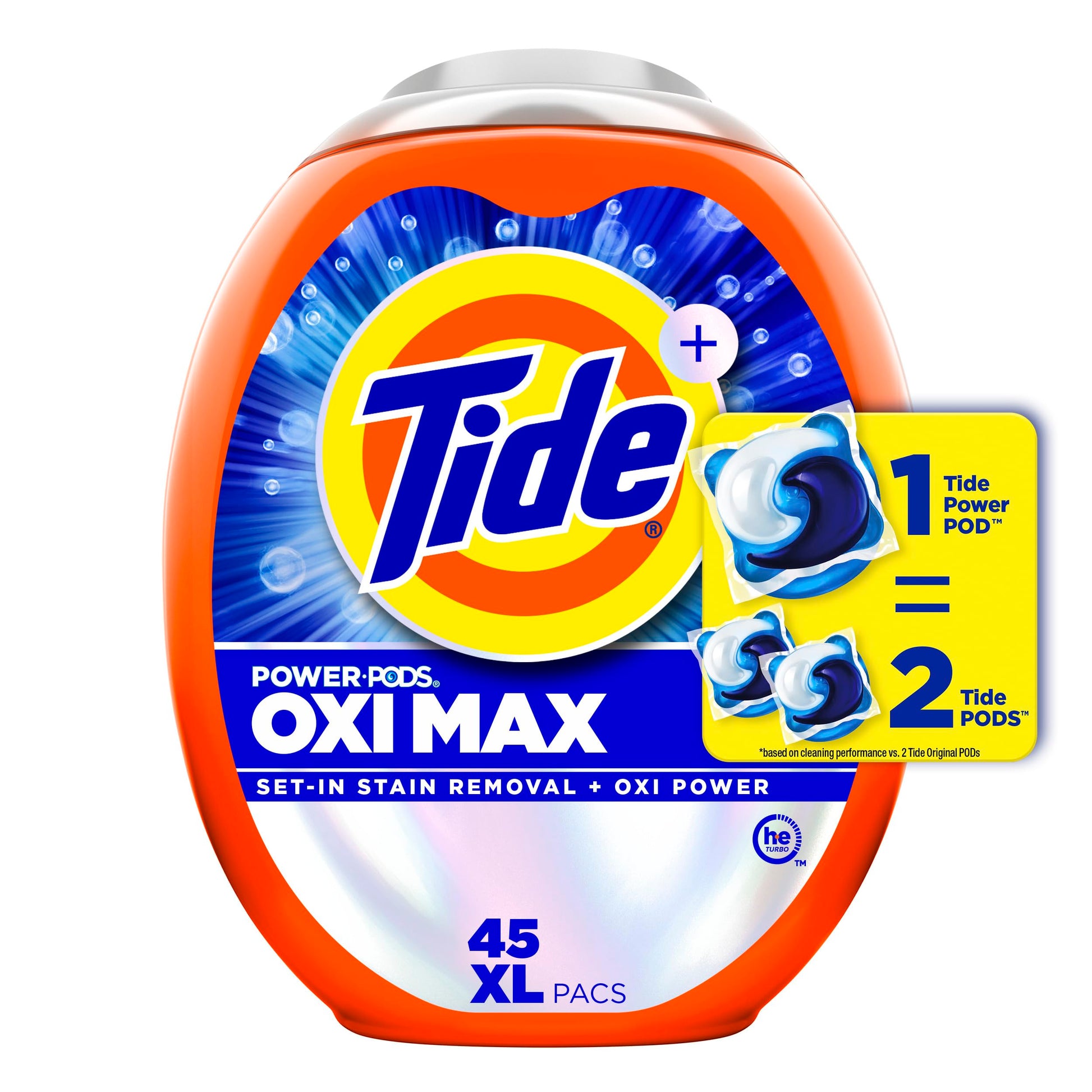 Tide Oxi Max Power PODS Laundry Detergent Pods, Stain Remover Plus Oxi Power, Detergent soap pacs for laundry washing, HE compatible, 45 Count - Available at All In One Marketplace Canada