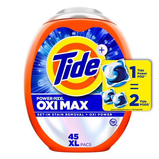 Tide Oxi Max Power PODS Laundry Detergent Pods, Stain Remover Plus Oxi Power, Detergent soap pacs for laundry washing, HE compatible, 45 Count - Available at All In One Marketplace Canada