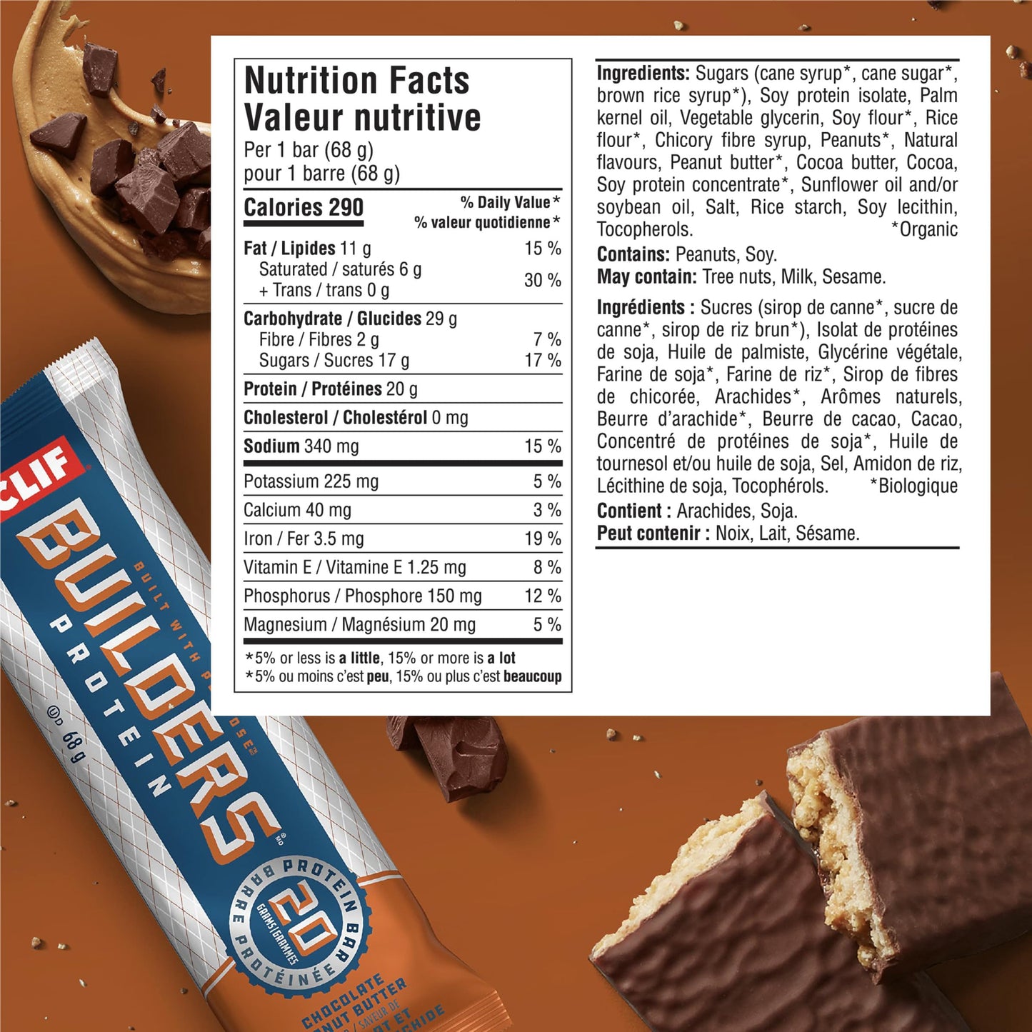 CLIF BUILDERS Chocolate Peanut Butter Protein Bars - 20g Plant Protein, Gluten Free, 12 Pack (68g each)