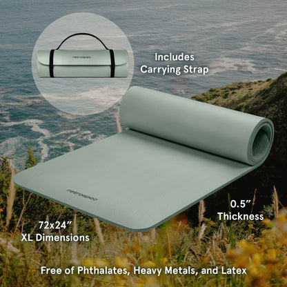 Retrospec Solana Yoga Mat 1/2 inch Thick w/Nylon Strap for Men & Women - Non Slip Excercise Mat for Yoga, Pilates, Stretching, Floor & Fitness Workouts, Sage