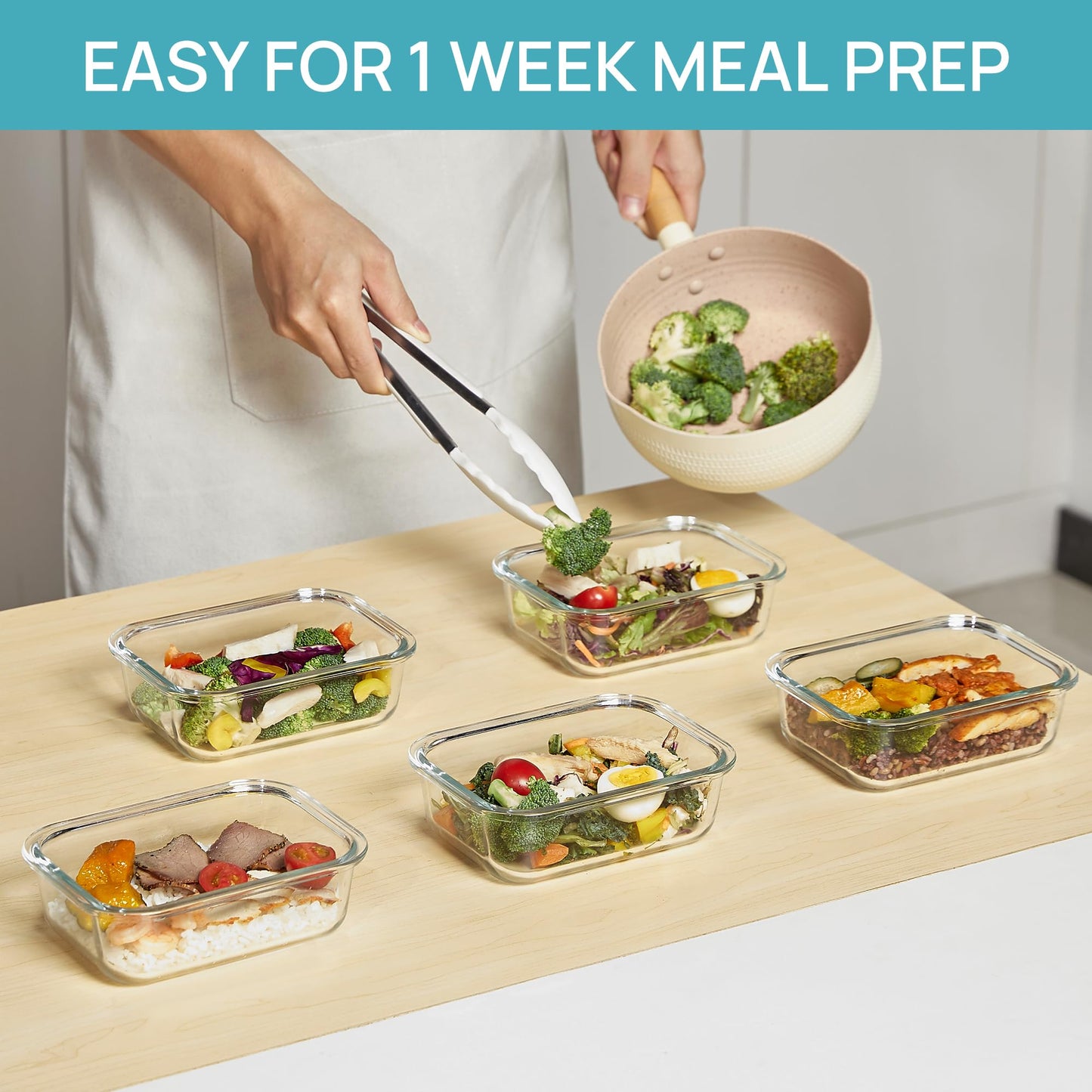 Vtopmart 5 Pack 22oz Glass Food Storage Containers with Lids, Meal Prep Containers, Airtight Lunch Bento Boxes with Snap Locking Lids for Microwave, Oven, Freezer and Dishwasher - Available at All In One Marketplace Canada