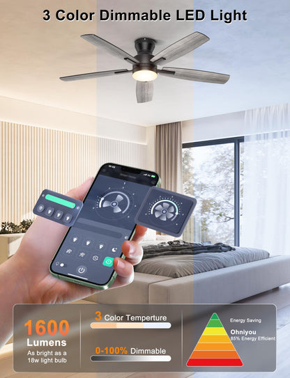 Ohniyou 52'' Ceiling Fan with Lights: Smart Fan with remote & APP Control - Low Profile Ceiling Fan with Quiet Performance - Flush Mount Outdoor Ceiling Fan (Black) - Available at All In One Marketplace Canada