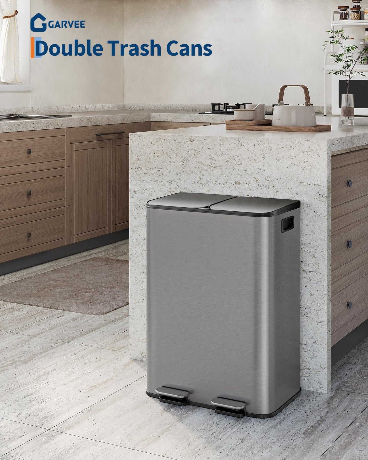 GarveeHome 2 x 8 Gallon Stainless Steel Double Trash Can with Lid for Kitchen, Large Dual Trash and Recycle Bin Combo, Step-on Kitchen Metal Garbage Cans, PP Inner Buckets, Liner Rim, Matte Grey GarveeHome